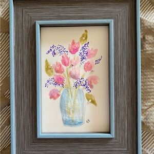 Watercolor Floral framed painting, Swarovski Crystals. OOAK  6.25 X 8.75 Inches.